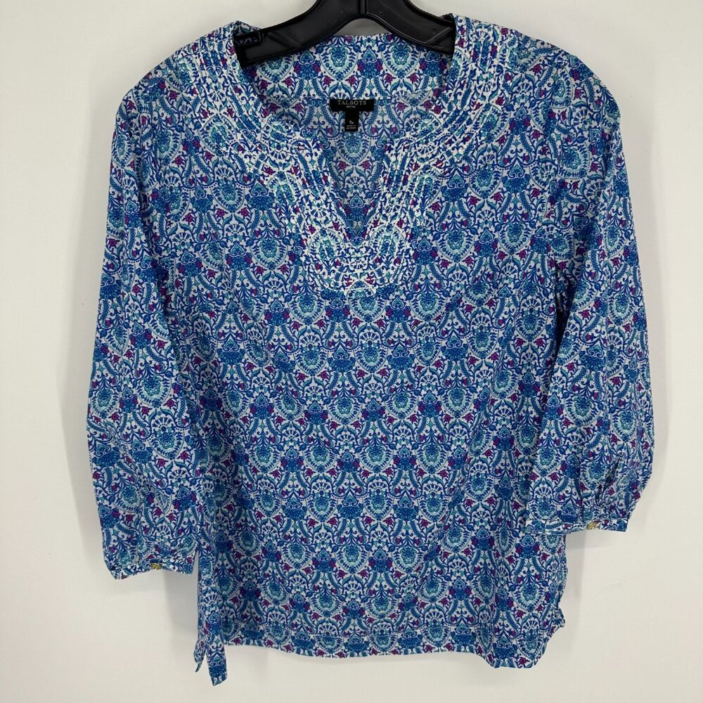Talbots Batik Print Tunic Top Embroidered Cotton 3/4 Sleeves Casual Blue‎